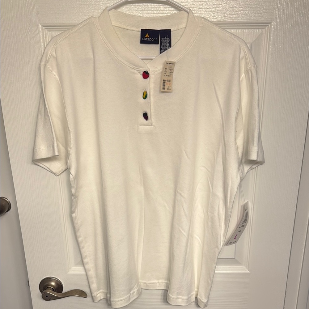 NWT Vintage Liz Sport White T Shirt with Fruit Buttons size L